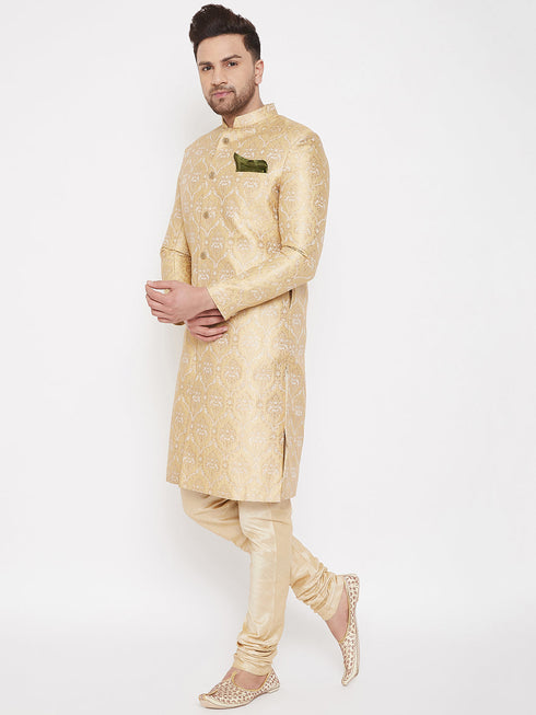 Vastramay Men's Golden Brocade Slim Fit Sherwani Set